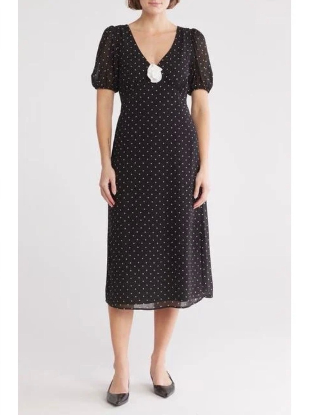 WAYF Black Midi Dress with White Polka Dots and Puff Sleeves